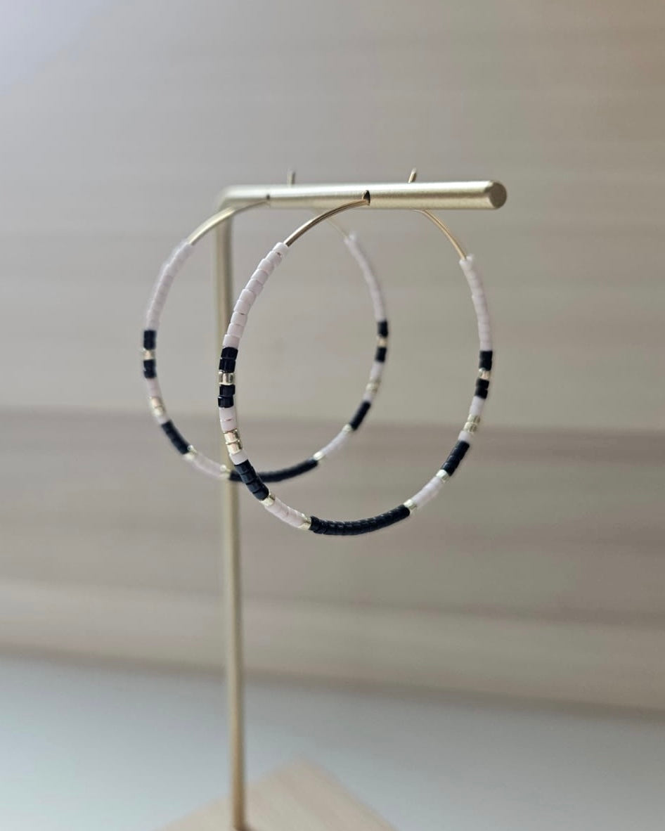 Winter Gold Filled Beaded Hoops - Champagne & Black